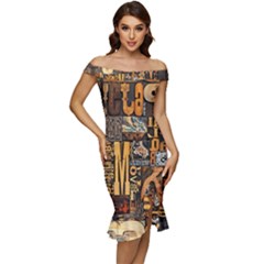 3d Letters Macro Wooden Letters Letters Textures Off Shoulder Ruffle Split Hem Bodycon Dress by Salmanaz77