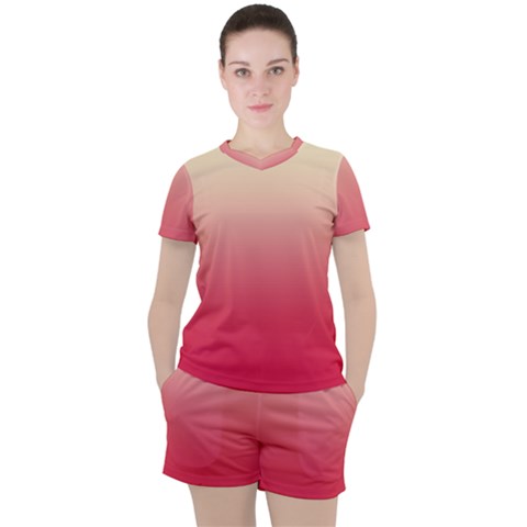 Cream Yellow To Crimson Red Linear Gradient Women s T-shirt And Shorts Set by GradientsOmbre