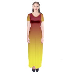 Burgundy Red To Electric Yellow Linear Gradient Short Sleeve Maxi Dress by GradientsOmbre
