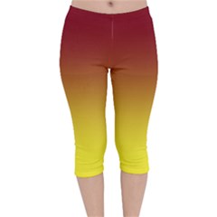 Burgundy Red To Electric Yellow Linear Gradient Velvet Capri Leggings  by GradientsOmbre