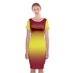 Burgundy Red To Electric Yellow Bilinear Gradient Classic Short Sleeve Midi Dress