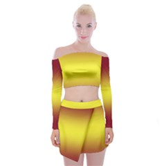 Burgundy Red To Electric Yellow Bilinear Gradient Off Shoulder Top With Mini Skirt Set by GradientsOmbre
