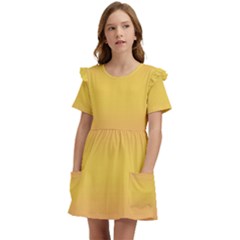 Coral Pink To Electric Yellow Bilinear Gradient Kids  Frilly Sleeves Pocket Dress