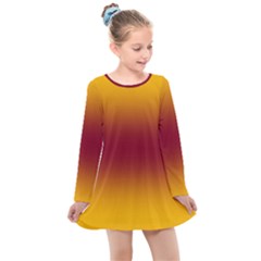 Amber Orange To Burgundy Red Bilinear Gradient Kids  Long Sleeve Dress by GradientsOmbre