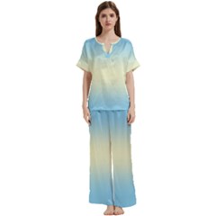 Baby Blue To Cream Yellow Bilinear Gradient Short Sleeve Long Pants Satin Pajamas Set by GradientsOmbre