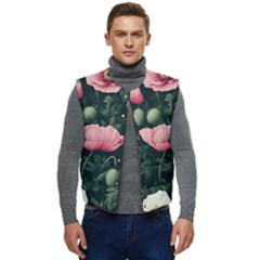 Poppy Flower Plant Petals Bloom Men s Button Up Puffer Vest	