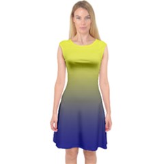 Electric Yellow To Navy Blue Linear Gradient Capsleeve Midi Dress by GradientsOmbre
