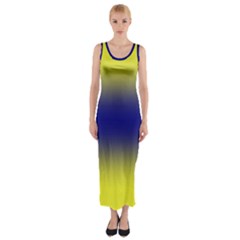 Electric Yellow To Navy Blue Bilinear Gradient Fitted Maxi Dress