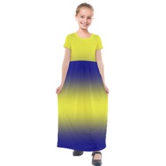 Navy Blue To Electric Yellow Bilinear Gradient Kids  Short Sleeve Maxi Dress