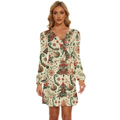 Christmas Tree Snow Long Sleeve Waist Tie Ruffle Velvet Dress by Bedest