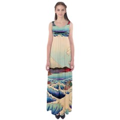 Wave Japanese Mount Fuji Ocean Empire Waist Maxi Dress