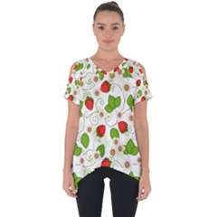 Strawberry Fruit Pattern Leaves Cut Out Side Drop T-shirt