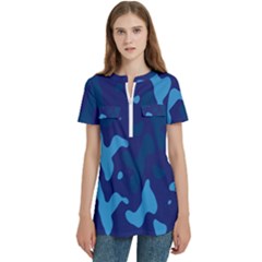 Blue Camouflage Pattern Women s Zip Front V-neck Short Sleeve Casual Top Pocket Shirt
