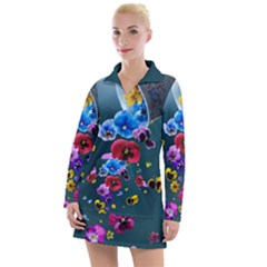 Falling Flowers, Art, Coffee Cup Women s Long Sleeve Casual Dress by kyorashop23