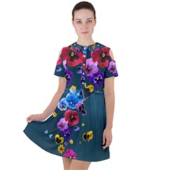 Falling Flowers, Art, Coffee Cup Short Sleeve Shoulder Cut Out Dress 