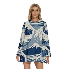 Japanese Wave Pattern Round Neck Long Sleeve Bohemian Style Chiffon Mini Dress