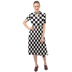 Pattern Checkered Squares Black White Pattern Keyhole Neckline Chiffon Dress