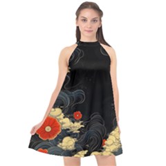 Korean Art Flowers Asian Pattern Halter Neckline Chiffon Dress 
