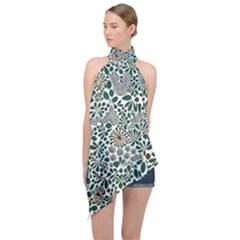 Retro Scandinavian Nordic Flowers Pattern 5 Halter Asymmetric Satin Top by violetheavensky