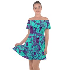 Mid Century Retro Floral 1970s 1960s Pattern 101 Off Shoulder Velour Dress