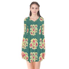Retro 1880s Flowers Pattern 6 Long Sleeve V-neck Flare Dress