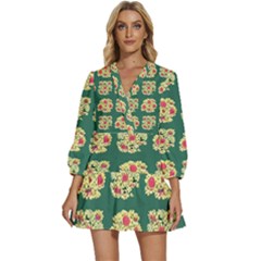 Retro 1880s Flowers Pattern 6 V-neck Placket Mini Dress