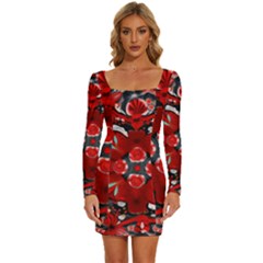 Mid Century Retro Floral 1970s 1960s Pattern 105 Long Sleeve Square Neck Bodycon Velvet Dress