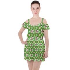 Retro 1880s Flowers Pattern 4 Ruffle Cut Out Chiffon Playsuit by violetheavensky