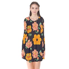 Retro 40s 50s Flowers Pattern Halloween 3 Long Sleeve V-neck Flare Dress