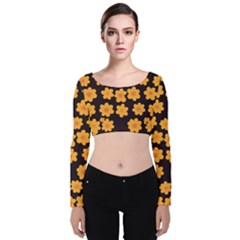 Retro 40s 50s Flowers Pattern Halloween 4 Velvet Long Sleeve Crop Top by violetheavensky