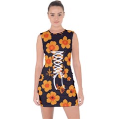 Retro 40s 50s Flowers Pattern Halloween Lace Up Front Bodycon Dress