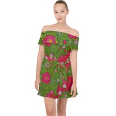 Mid Century Retro Floral 1970s 1960s Pattern 88 Off Shoulder Chiffon Dress