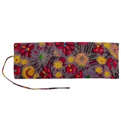 Mid Century Retro Floral 1970s 1960s Pattern 90 Roll Up Canvas Pencil Holder (m) by violetheavensky