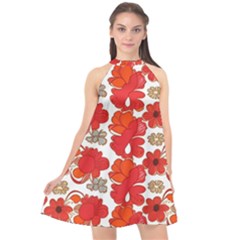 Mid Century Retro Floral 1970s 1960s Pattern 91 Halter Neckline Chiffon Dress 