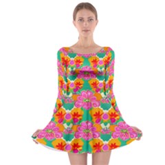 Retro 40s 50s Mexico Flowers Pattern Long Sleeve Skater Dress