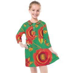 Mid Century Retro Floral 1970s 1960s Pattern 89 Kids  Quarter Sleeve Shirt Dress