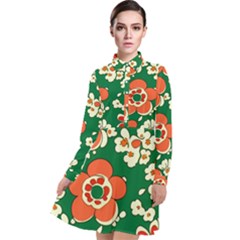 Mid Century Retro Floral 1970s 1960s Pattern 94 Long Sleeve Chiffon Shirt Dress