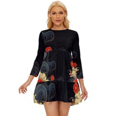 Korean Art Flowers Asian Pattern Long Sleeve Babydoll Dress