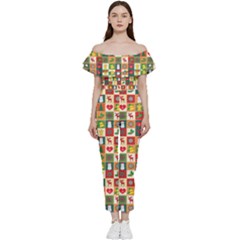 Template Christmas Pattern Bardot Ruffle Jumpsuit