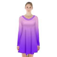 Cotton Candy Pink To Indigo Violet Linear Gradient Long Sleeve Velvet V-neck Dress