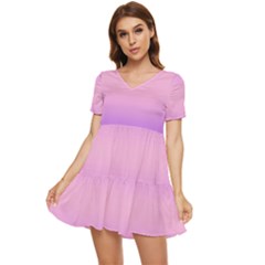 Indigo Violet To Cotton Candy Pink Bilinear Gradient Tiered Short Sleeve Babydoll Dress by GradientsOmbre