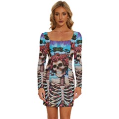 Grateful Dead Hippie Peace Roses Rock Music Legend Long Sleeve Square Neck Bodycon Velvet Dress