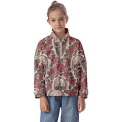 Skull And Roses Flowee Flora Floral Patterns Pattern Kids  Half Zip Hoodie by Tsamara