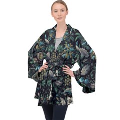 Pattern Flower Plants Leaves Nature Long Sleeve Velvet Kimono  by Tsamara