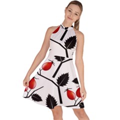 Rose Hip Pattern Branches Autumn Sleeveless Halter Neck A-line Dress by Hannah976
