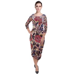 Abstract Flowers Quarter Sleeve Midi Velour Bodycon Dress