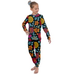 Mid Century Retro Floral 1970s 1960s Pattern 77 Kids  Long Sleeve Set 