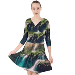 Waterfall Rocks Jungle Forest Quarter Sleeve Front Wrap Dress