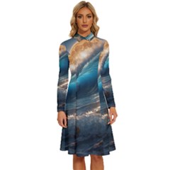 Ocean Sea Waves Long Sleeve Shirt Collar A-line Dress by Anend