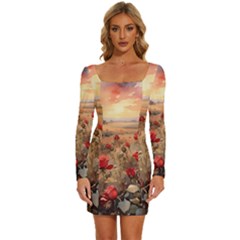 Roses Flower Field Sunset Nature Long Sleeve Square Neck Bodycon Velvet Dress